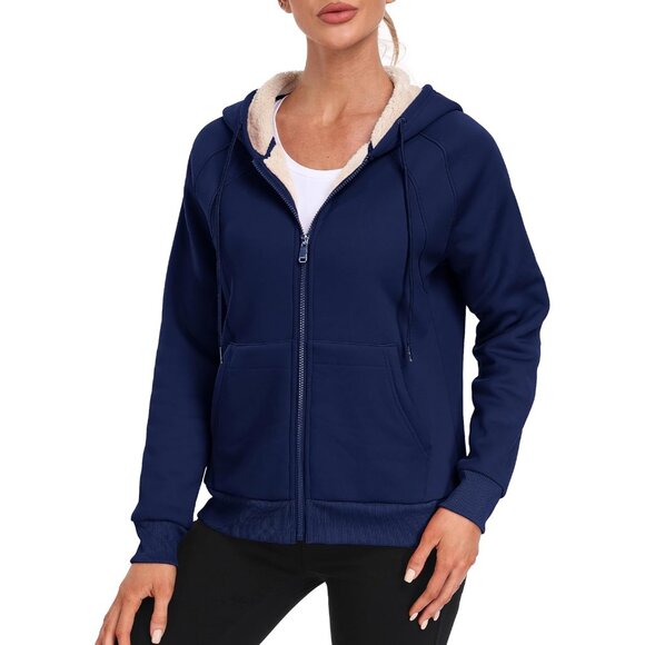 Women's Fleece Zip Up Hoodie Sherpa Lined Winter Jacket with Pockets Large - Picture 9 of 9